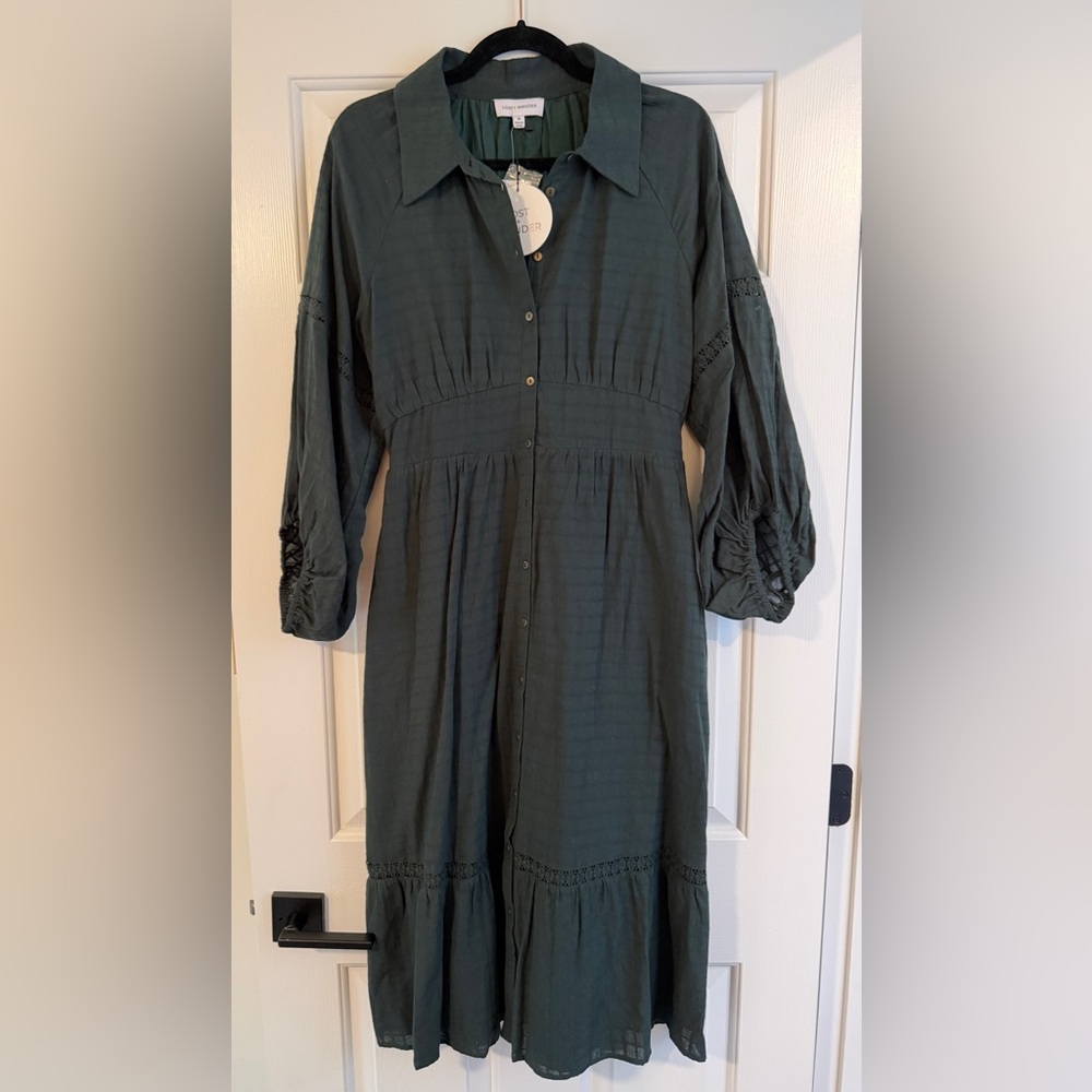 Lost + Wander Dark Green Long Sleeve Midi Shirt Dress